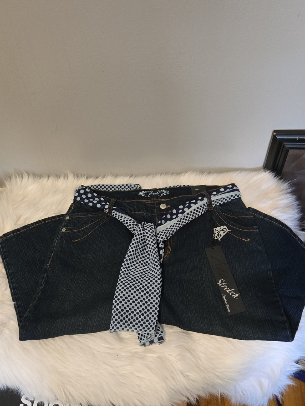 Zena Dark Blue Capri Jeans with Polka Dot Waist Tie